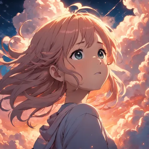 masterpiece, best quality, movie still, 1girl, cloud girl, floating in the sky, close-up, bright, happy, warm soft lighting, sunset, (sparks:0.7)