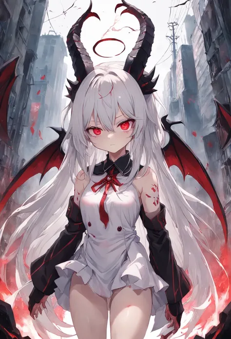 whaite hair，Red eyes，long whitr hair，demonic horns，Broken sailor suit，Girl body type，There are demon wings behind it，There was a little blood on his body，8K，Look into the camera，Dynamic，Background of destroyed cities