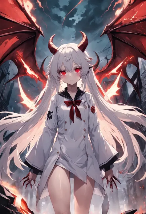 whaite hair，Red eyes，long whitr hair，demonic horns，Broken sailor suit，Girl body type，There are demon wings behind it，There was a little blood on his body，8K，Look into the camera，Dynamic，Background of destroyed cities