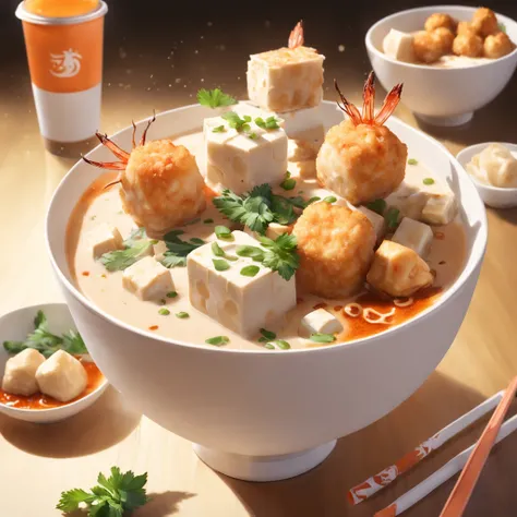 Spicy powder milk tea, With shrimp, Tofu cubes, coriander, Fish balls, Tofu puffs, Beef cuts