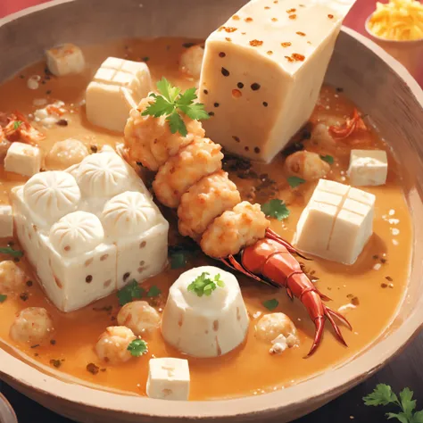 Spicy powder milk tea, With shrimp, Tofu cubes, coriander, Fish balls, Tofu puffs, Beef cuts