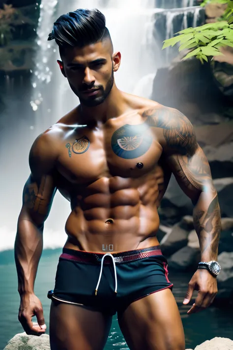 fking_scifi, fking_scifi_v2, portrait of a young, muscular extremely handsome and attractive Brazilian male model, in front of a waterfall, short windy hair, hairy tattooed body, colorful clothing and golden jewelry, close up, regal pose and attitude. fkin...