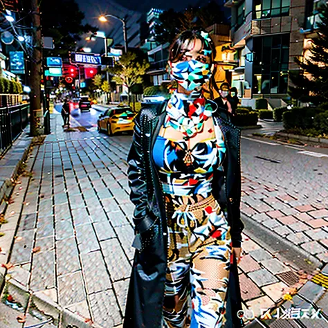 Woman wearing mask walking on sidewalk at night, trending at cgstation, generous cleavage open jacket, Yoshitomo Nara, Open V chest clothes, 19-year-old girl, 8K)), Sexy girl, 2263539546], trending on cgstation, Sexy :8