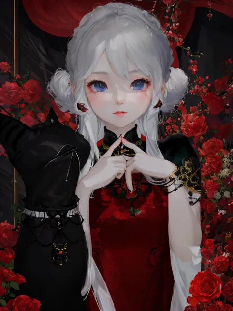 White color hair, A little girl in a cheongsam stands next to a black cat, rose flower background, Chiaroscuro, Cinematic lighting, hyper HD, Textured skin, 8K