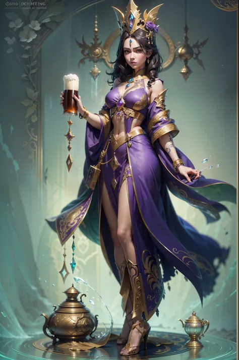 Game character standing drawing design，magestic，Gorgeous purple robes wrapped around the entire body，Hold a stout beer, Ornate staffs set with magic gemstones，Water magic，high-heels，Different layer overlays，Different angles，（full bodyesbian：1.4），solid colo...