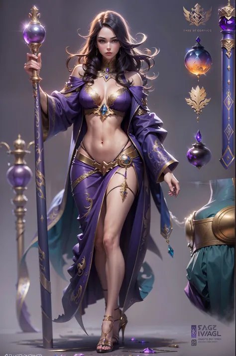 Game character standing drawing design，magestic，Gorgeous purple robes wrapped around the entire body，Hold a stout beer, Ornate staffs set with magic gemstones，Water magic，high-heels，Different layer overlays，Different angles，（full bodyesbian：1.4），solid colo...