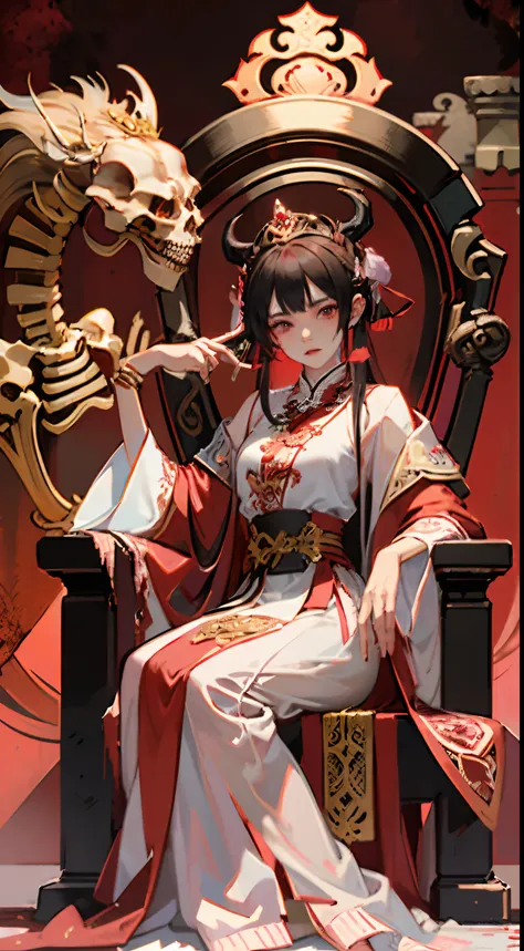 woman, Long hair((Nero, fine features, skinny hands, Pink mouth and fair skin, Mysterious look and magical look, Sit on a throne with demonic characteristics and feelings, banya, Chinese ancient style red torn robes of clothes and sitting on the throne as ...