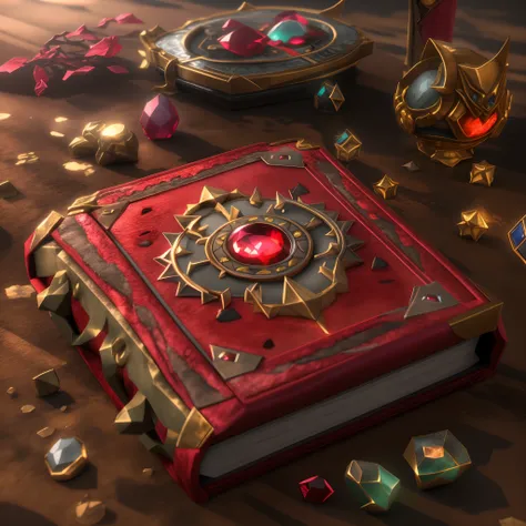 1 spell book with red cover，set with precious stones，gameicon，tmasterpiece，best qualtiy，ultra - detailed，tmasterpiece，k hd，
whit...