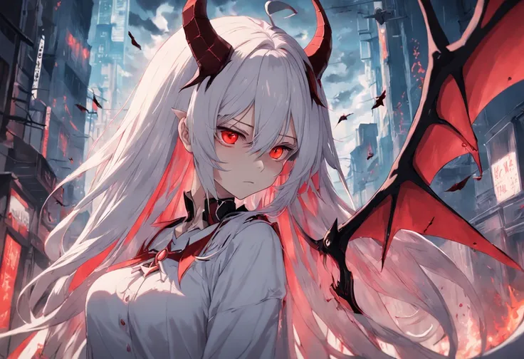 whaite hair，Red eyes，long whitr hair，demonic horns，Broken sailor suit，Girl body type，There are demon wings behind it，There was a little blood on his body，8K，Look into the camera，Dynamic，Background of destroyed cities