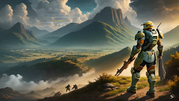 A stunning Halo Reach landscape with a Spartan on a hilltop, lush green forests surround them, clear sky, distant city view, focusing on the Spartans majestic pose, intricate armor, and weapons, Artwork, oil painting on canvas, --auto --s2