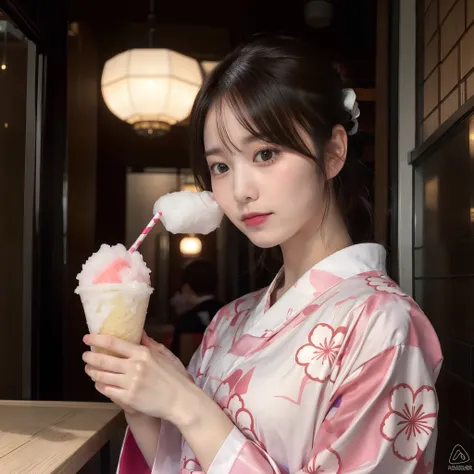 Girl eating shaved ice in yukata