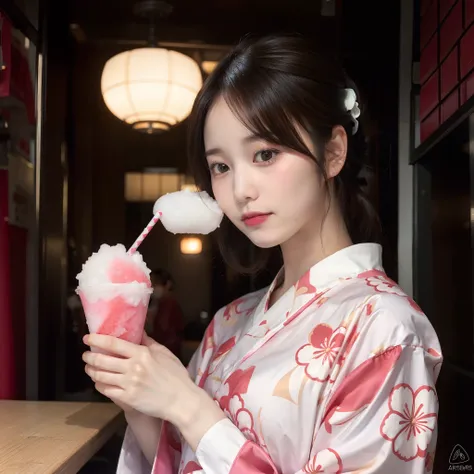 Girl eating shaved ice in yukata