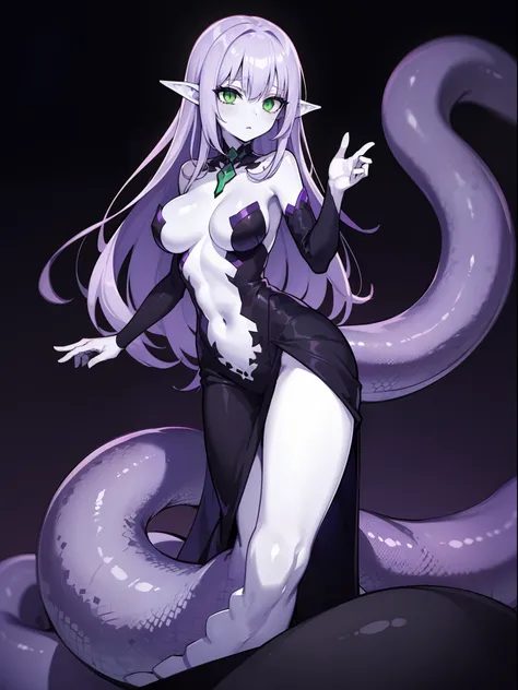 1girl,solo,(lamia:1.0),black scales,purple hairs,green eyes,long hairs,breasts,pale skin,dress,standing