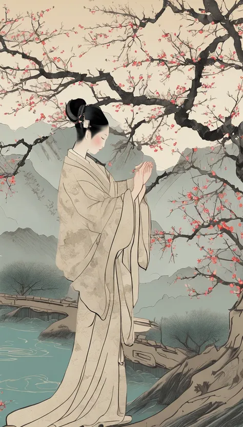 （Blurred foreground：It was snowing heavily：2.0，），（Plum blossoms fly：1.4），（Chinese Song dynasty beauties dancing），（realisticlying，Long flowing black hair，anatomy correct，Korean star face，ssmile，The hands and face are very delicate and clear），（Stand in the m...