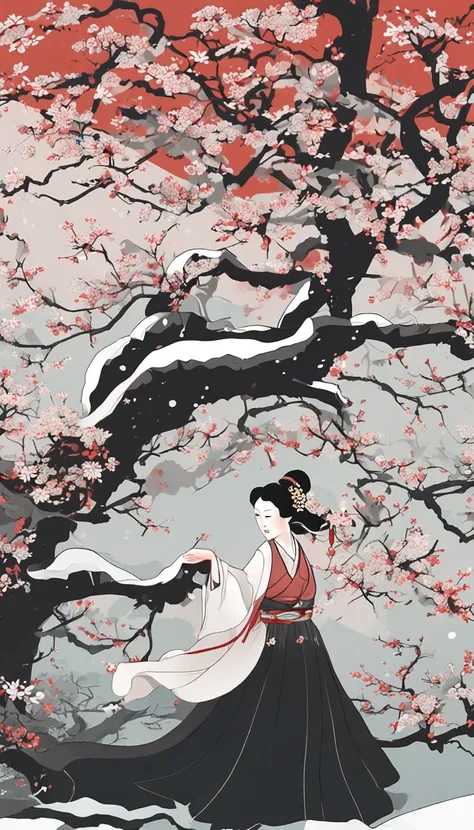 （Blurred foreground：It was snowing heavily：2.0，），（Plum blossoms fly：1.4），（Chinese Song dynasty beauties dancing），（realisticlying，Long flowing black hair，anatomy correct，Korean star face，ssmile，The hands and face are very delicate and clear），（Stand in the m...