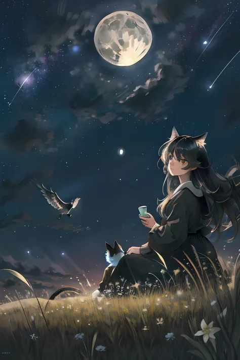 best quality, masterpiece, stars, sky, in a meadow, in summer, night, full moon, cat, bishoujo, disheveled hair, hair wings, black hair, long hair,