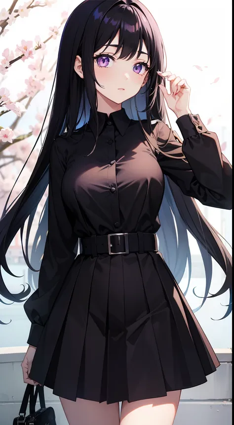 anime style photo of spring vasu, anime girl with long black hair and purple eyes, black uniform,