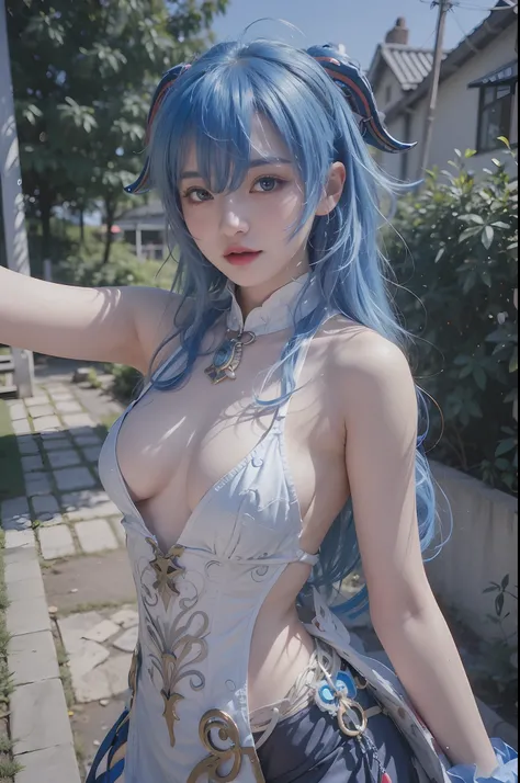 arafed woman with blue hair and a white corset posing for a picture, anime girl cosplay, anime goddess, cosplay, anime cosplay, with blue skin, keqing from genshin impact, cosplay photo, japanese goddess, ornate cosplay, blue scales covering her chest, wit...