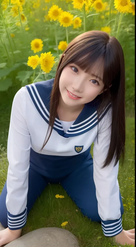 A smiling girl，Wear a tight sailor suit，denim pant，Lying on a large mossy rock in the middle of a field of rape flowers，There is a river next to it，com rosto detalhado，The eyes are delicate，The photo quality is the best，Realistic image quality，Background d...