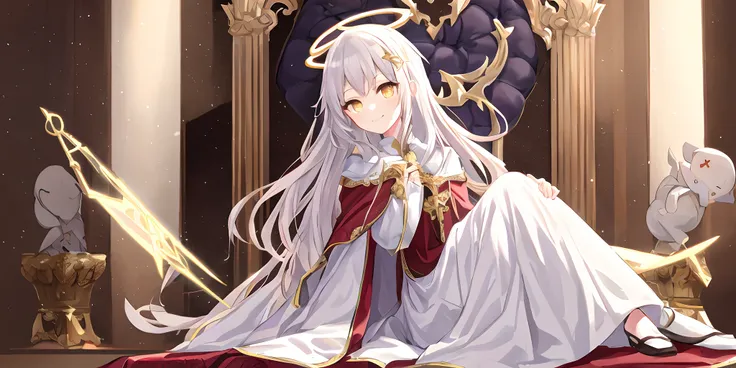 Pope full body，one-girl，Poor milk，On the scepter，Lie down in bed（long white robe，The pattern is complex））red shawl，（cute anime face），Gold eyes，long  white hair，ssmile，The halo，（Sit on a low throne），In a magnificent castle，ultraclear