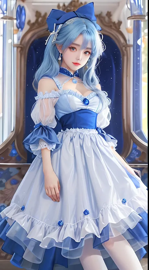 The appearance is very attractive, Wear a pair of sapphire pantyhose，Wearing a sapphire blue and white Lolita dress，Fair and delicate skin，The eyes are a pair of clear and bright sapphire blues，The hair is sapphire blue，waist-high，The whole person exudes a...