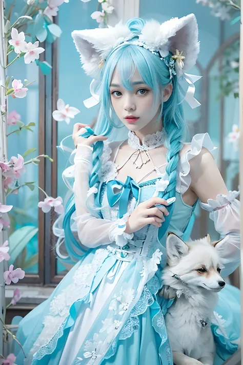 The appearance is very attractive, Wear a pair of light blue pantyhose，Wear yours with a blue and white Lolita dress，He wears a pair of white fox ears on his head，There is also a white fox tail behind him，Fair and delicate skin，The makeup on the face is el...