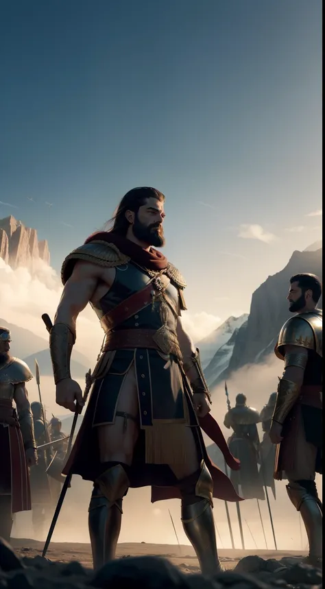 Imagine a scene where King Xerxes is standing in front of Leonidas and his warriors, with his army behind him. He is holding up his hand, demanding their surrender. Leonidas and his warriors are shown standing in a line, with their shields raised and spear...