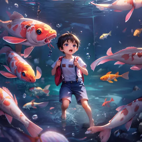 Little boy swimming in the sea with koi in his arms，short detailed hair，Denim suspenders，The barefoot，depth of fields，high light，Real light，Ray traching，oc rendered，Hyper-realistic，best qualtiy，8K，Works of masters，super-fine，Detailed pubic hair，Correct ana...