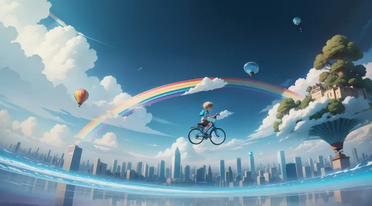 Comic style，Anime style，The ground is full of cities，There is a little boy riding a bike on the clouds，There are rainbows in the sky，with blue sky and white clouds，A lot of transparent jellyfish float in the sky，Hot air balloon floating in the sky，magic，dr...