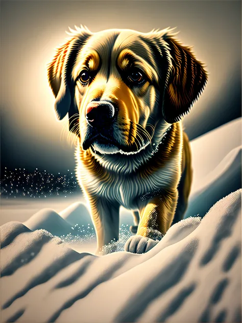 snowfield，drifting snow，Golden Retriever，mature，cute little，Realistic style，Close-up of the Photogram