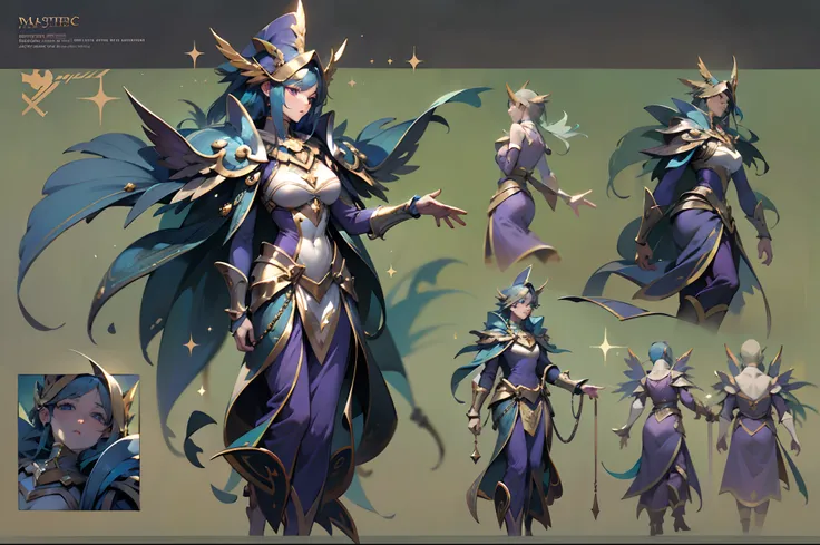 Game character standing drawing design，magestic，Gorgeous purple robes wrapped around the entire body，Holding a stout, Gorgeous staffs set with magical gemstones，Water magic，high-heels，Different layers overlay，Different angles，（full bodyesbian：1.4），solid co...