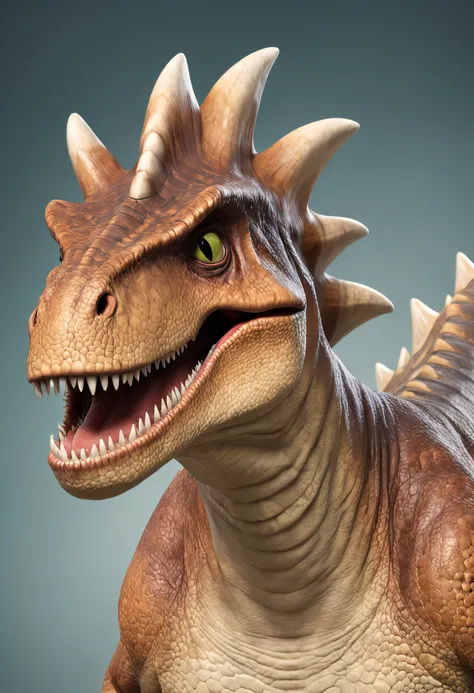 crie um Tiranossauro Rex em close-up, smiling with an expression of joy,Hes superhero friend, personagem de desenho infantil, for kids. UHD, Super detalhado.