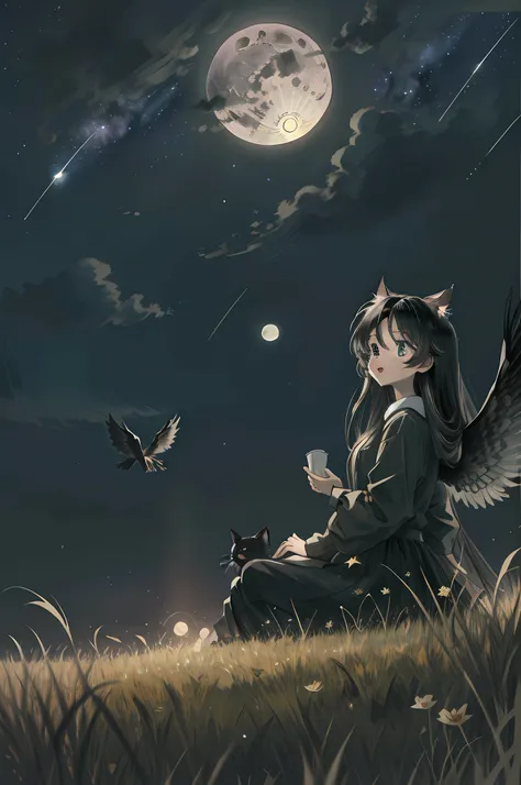 Best quality, Masterpiece, stars, sky, on a grassy field, in summer, Night, full moon, cat, a beauty girl, Disheveled hair, hair wings, Black hair, Long hair,（largeeyes），（（Clear face）），tiny mouth