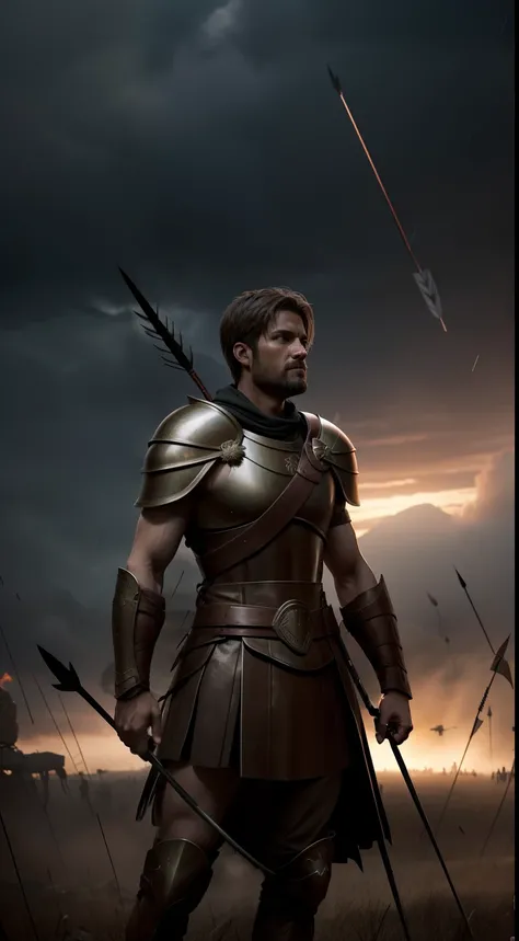 Spartan warrior dienekes is standing on a battlefield, surrounded by enemy archers. The sky is darkened by arrows raining down from above. epic, realistic, 8k