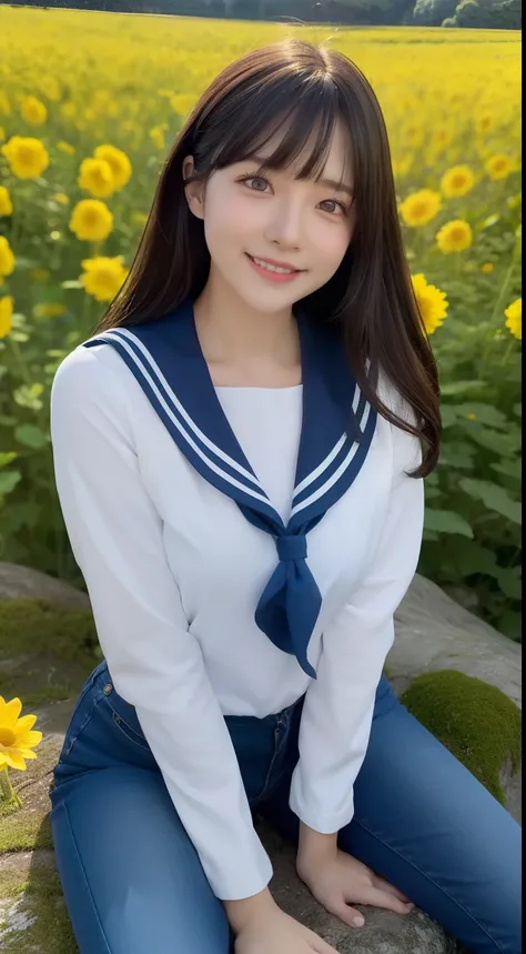 A smiling girl，Wear a tight sailor suit，denim pant，Lying on a large mossy rock in the middle of a field of rape flowers，com rosto detalhado，The eyes are delicate，The photo quality is the best，Realistic image quality，Background diffuse lighting，Depth of fie...