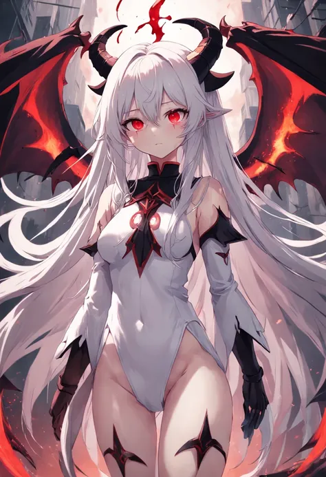 whaite hair，Red eyes，long whitr hair，demonic horns，Broken sailor suit，Girl body type，There are demon wings behind it，There was a little blood on his body，8K，Look into the camera，Empty eyes，Dynamic，Background of destroyed cities