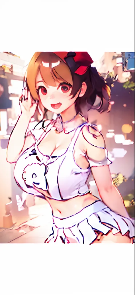 女の子1人,(,petite short stature),Young and cute idol face、de pele branca(Lorioppai)(Clothed big breasts , Loli breasts,a miniskirt)raise two hands,Double peace (White clothes, Shoulder knit shoulder strap,) Huge breasts,
