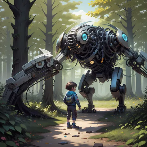 solo, full body, best quality, artwork, ultra realistic, a child with the robotic arm, another child made of steel, a robotic dog, playing in the yard, trees in the background, drones broken on the ground