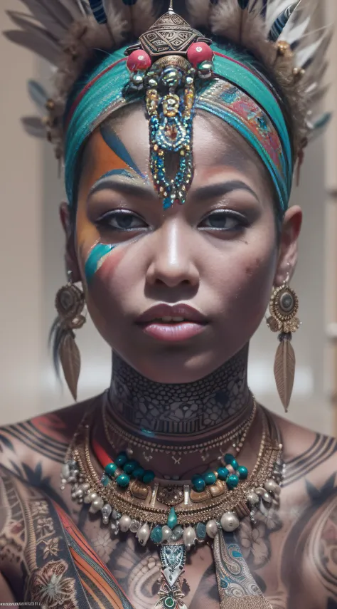 coloured ink in water, Create a generative painting that captures the unique beauty and complexity of punk female Nubian full body features, asian eyes and nose, tribal feathers, tribal beads, tattoos, enamel, ceramic jewellery, trending on artstation, sha...