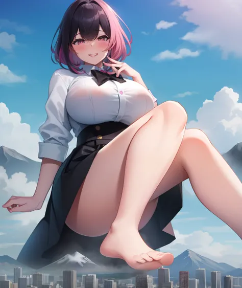 clouds, gtscity, cityscape, mountain ranges, ball of foot, short black hair, huge breasts, pink eyes, bright pink eyes, juicy lips, grin