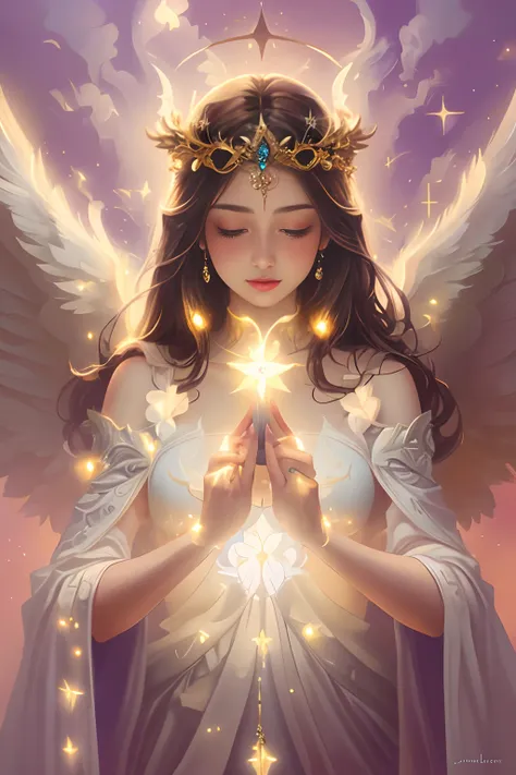 a woman with wings and a crown holding a star, glowing angelic being, ethereal angelic being of light, beautiful angel, of beautiful angel, beautiful female angel, angelic light, goddess of light, beautiful fantasy art, portrait of a beautiful angel, angel...