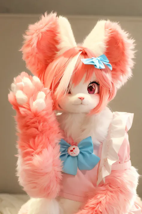 There is a pink and white stuffed toy，There are bows, female furry mini cute style, macro furry, cute fumo plush fox girl, Pink fox, Furry character, kemonomimi, cute fumo plush bunny girl, the bunny has pink fur, fur set, female fursona, fluffy orange ski...