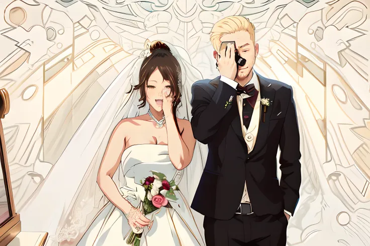 Chibi style, anime style, High quality, beautiful face, beautiful photo, anime style of bride and groom standing in front of a mirror covering their faces, wedding photo, bride and groom,