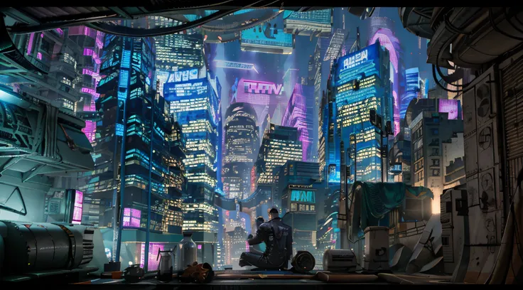 cyberpunk city with a male on top of a roof over looking the city smoking in a clear jacket with neon lights, 4k