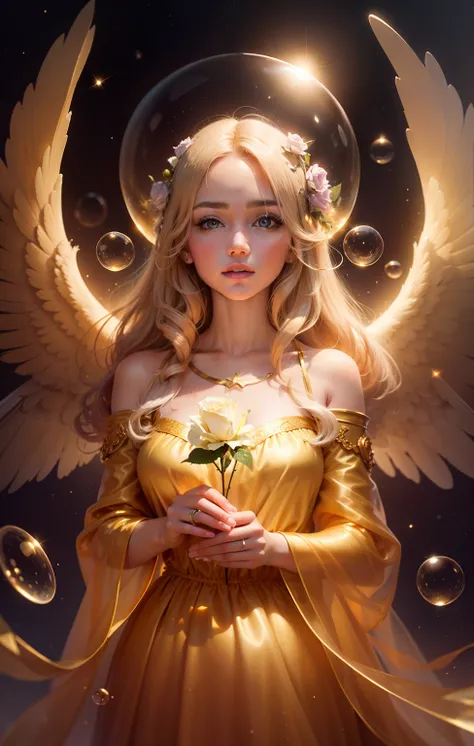 in a golden transparent glass bubble, dark stary background, beautiful blond 30-years-old angel with Rose of Sharon, 64k resolution hyperdetailed