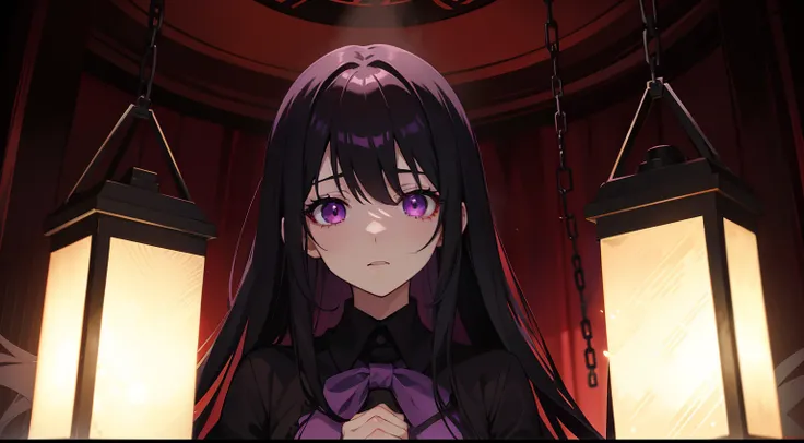 anime style photo of spring vasu, anime girl with long black hair and purple eyes, black uniform, in a dark room, holding a lantern, dramatic lighting, horror house, horror anime, scared (0.5), horror figure in background