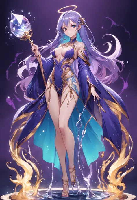 Game character standing drawing design，Full-fledged beauty magician，Gorgeous purple robes wrapped around the entire body，Holding a stout, Ornate staffs set with magical gemstones，Water magic，high-heels，Different layers overlay，Different angles，（full bodyes...