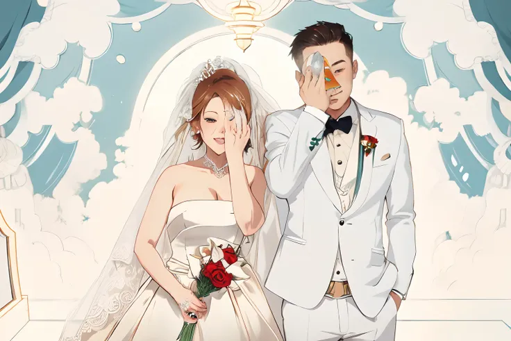 Chibi style, anime style, High quality, beautiful face, beautiful photo, anime style of bride and groom standing in front of a mirror covering their faces, wedding photo, bride and groom,