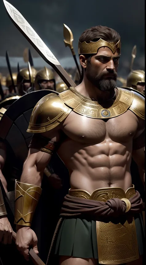 king leonidas of spartan facing off with his mere 8,000 warriors against a whopping 150,000 Persians. epic, dark backgound, realistic, 8k