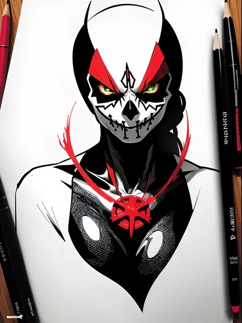 green poison and red blood ink, created the amazing form of the image comics character, ((female spawn)). sketch, manga sketch, ...